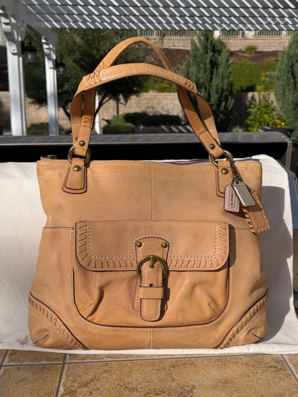 Coach Poppy Y2K Large Whipstitch Tan Natural Gold Leather Shoulder Bag Satchel